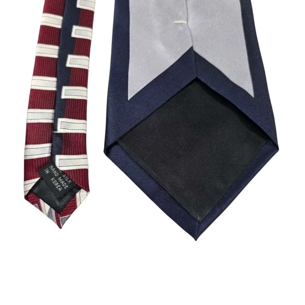New Henri Picard‎ Mens Silk Striped Necktie Pocket Sq Burgundy Silver Geometric